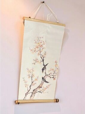 Floral Bird Scroll Wall Art - Cream and Pink